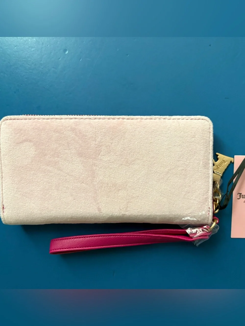 Juicy Couture Velour Embroidered Pink Large Zip Around Wallet Gold Charm